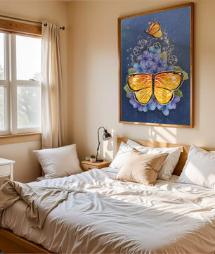 Bright butterfly with blue flowers on a starry background