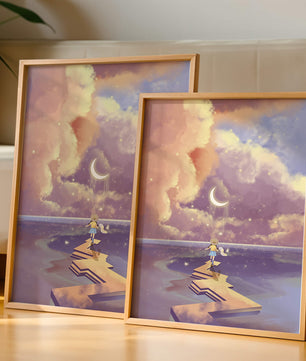 Whimsical journey on a dreamlike path beneath colorful clouds