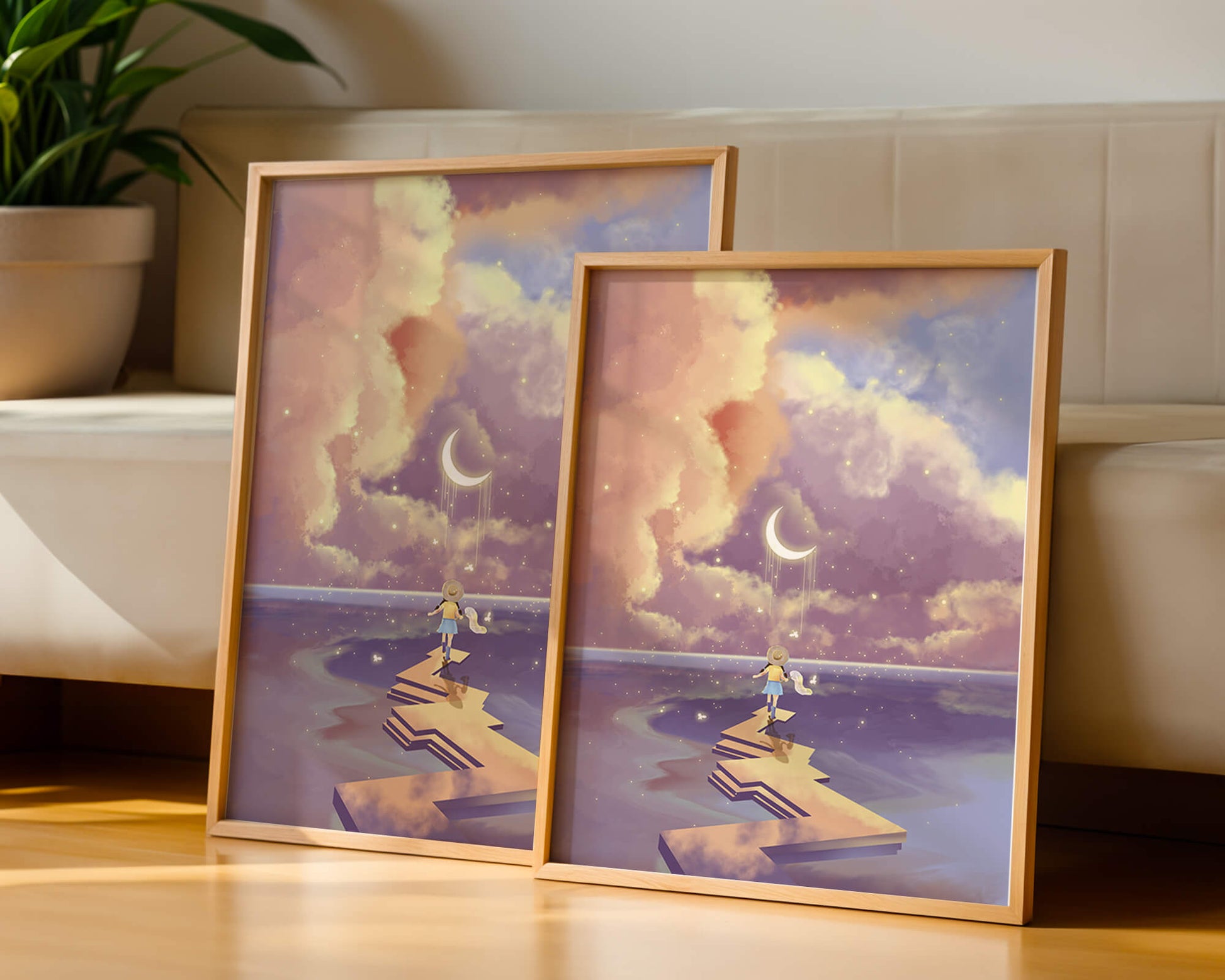 Whimsical journey on a dreamlike path beneath colorful clouds