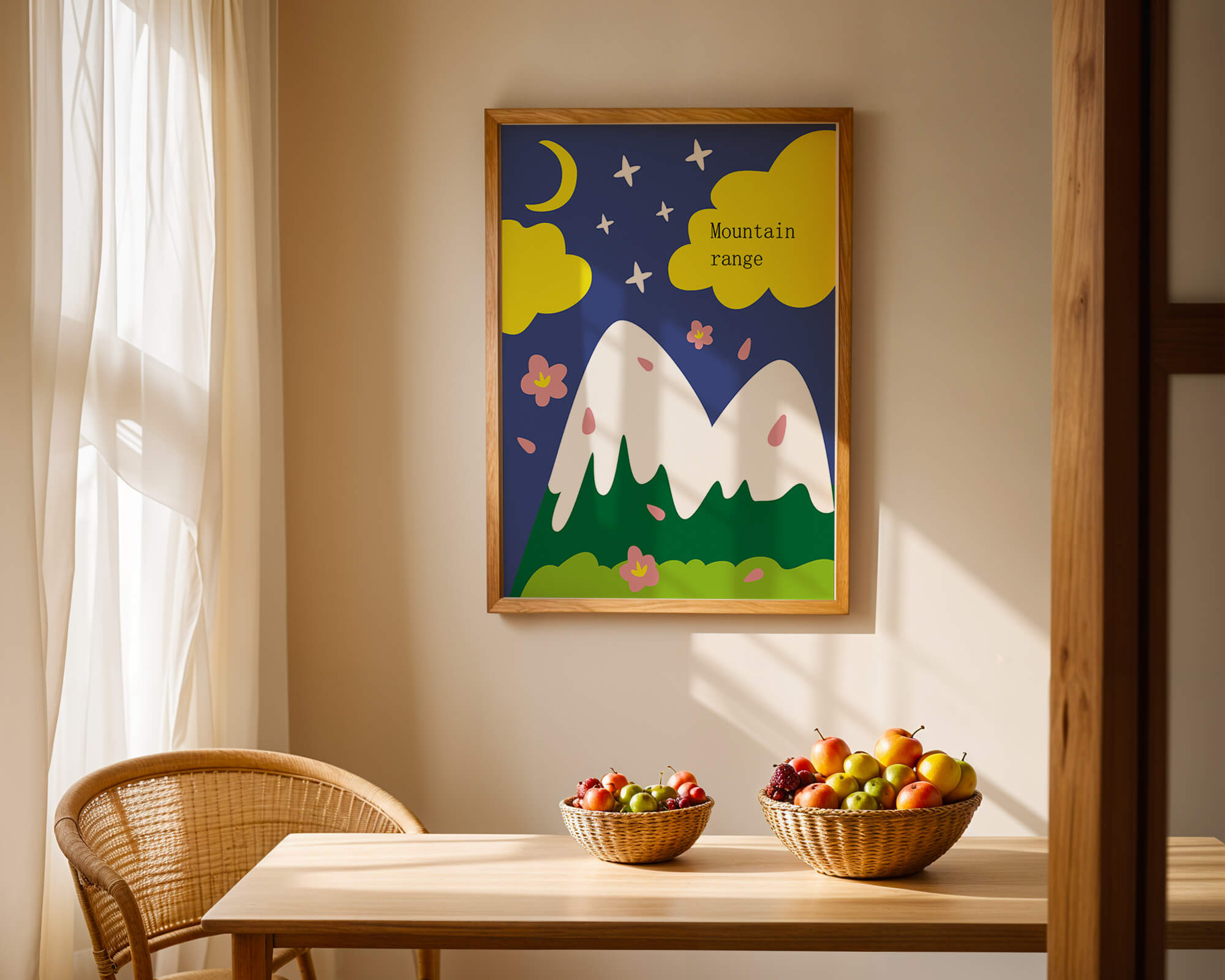Stylized mountain landscape with starry night background and vibrant clouds