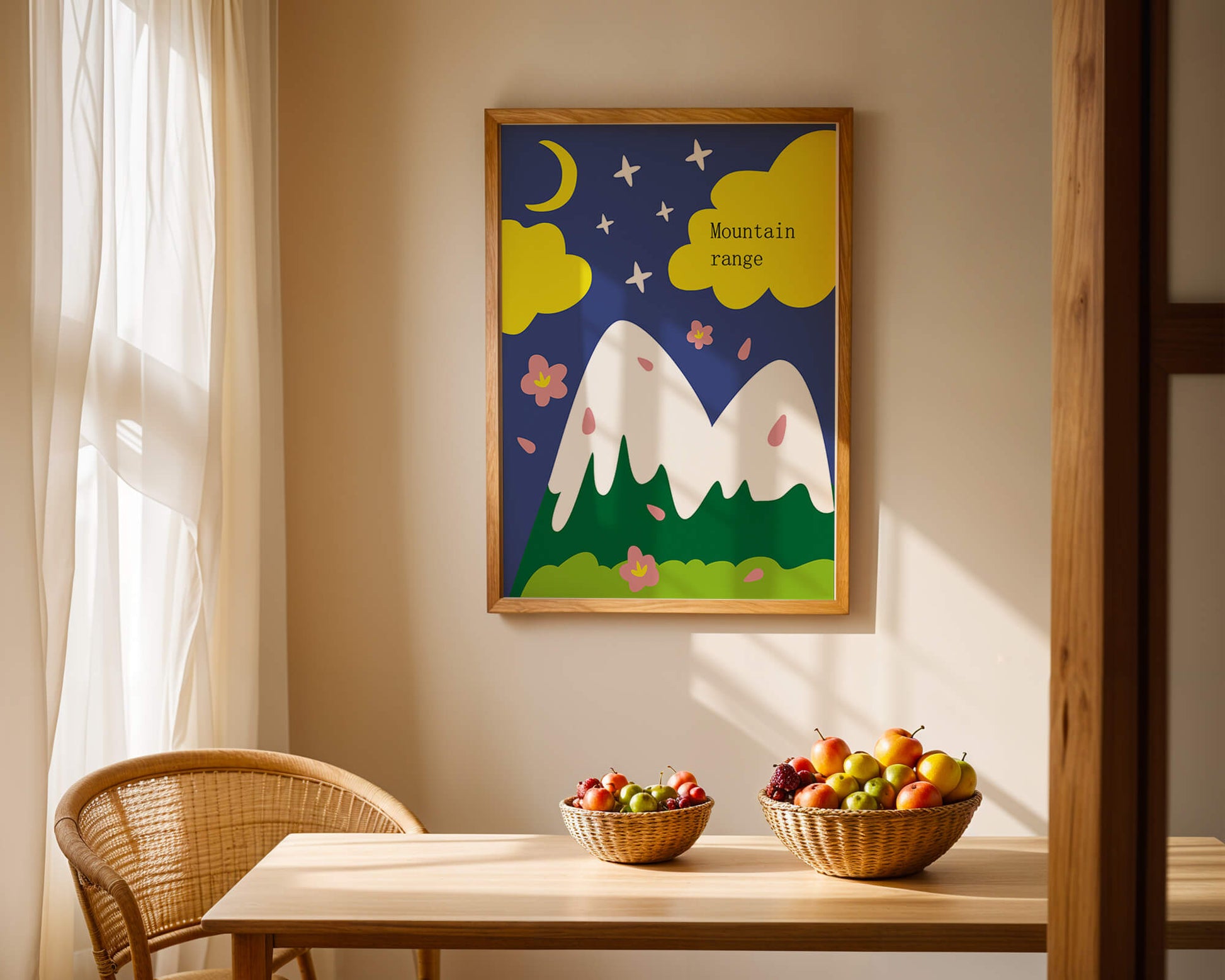 Stylized mountain landscape with starry night background and vibrant clouds