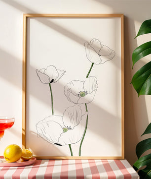 Zarte florale Linienzeichnung mit weißen Mohnblumen auf sauberem Hintergrund
