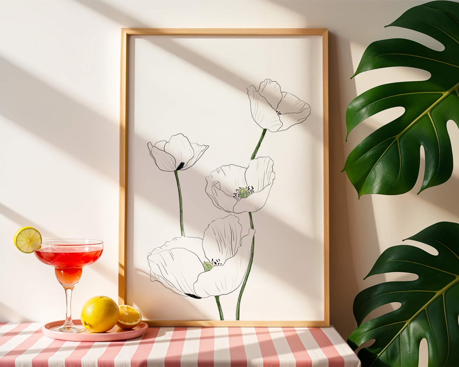 Zarte florale Linienzeichnung mit weißen Mohnblumen auf sauberem Hintergrund