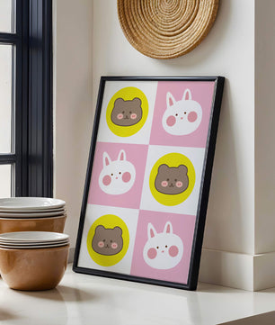 Diseño de patrones de animales juguetones con caras de osos y conejos en colores pastel