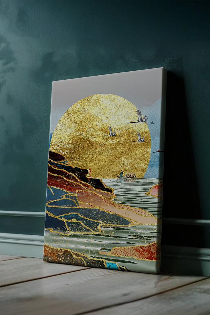 Majestic Golden Sun with Birds over Serene Landscape