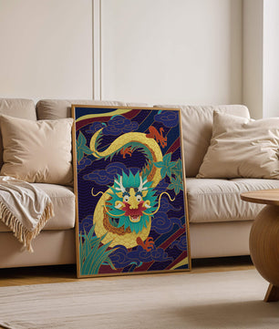 Illustration de dragon coloré avec des nuages ​​et des éléments de feuillage