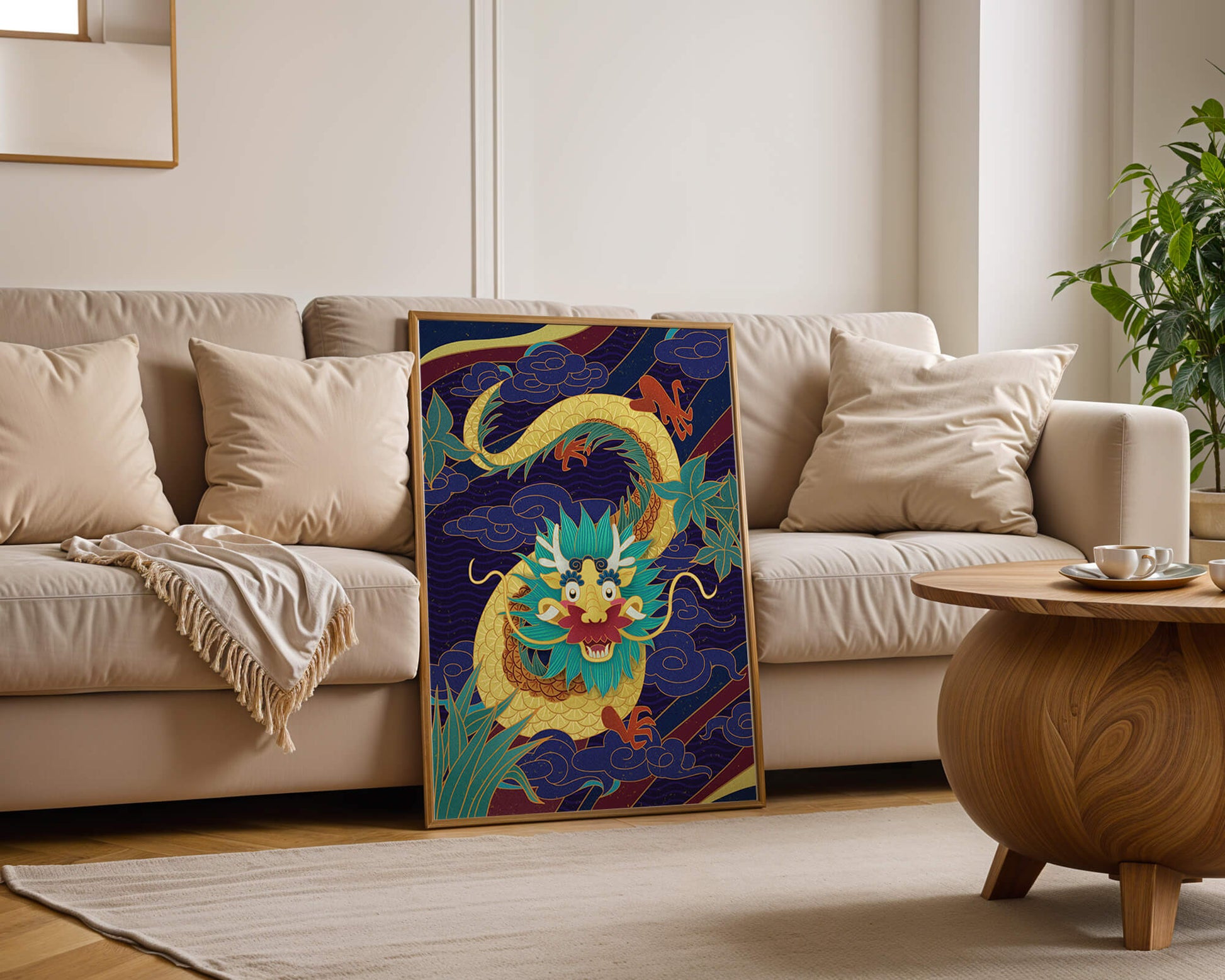 Illustration de dragon coloré avec des nuages ​​et des éléments de feuillage