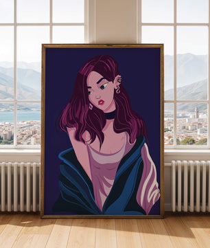 Illustration d'une fille élégante aux cheveux violets et à la veste bleue