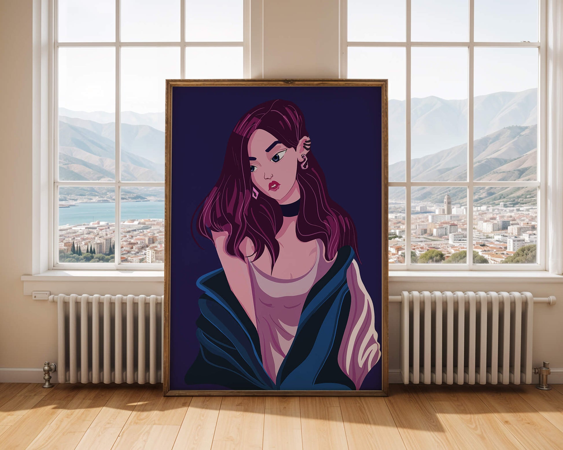 Stylish girl with purple hair and a blue jacket illustration