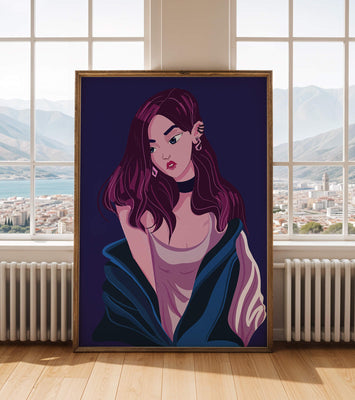 Stylish girl with purple hair and a blue jacket illustration