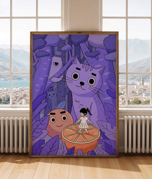 Whimsical forest scene with playful cartoon characters