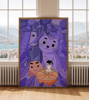 Whimsical forest scene with playful cartoon characters