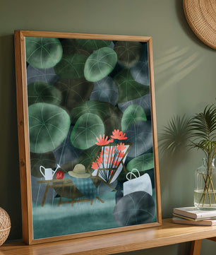 Garden Scene with Flowers, Table, and Chair in a Leafy Backdrop