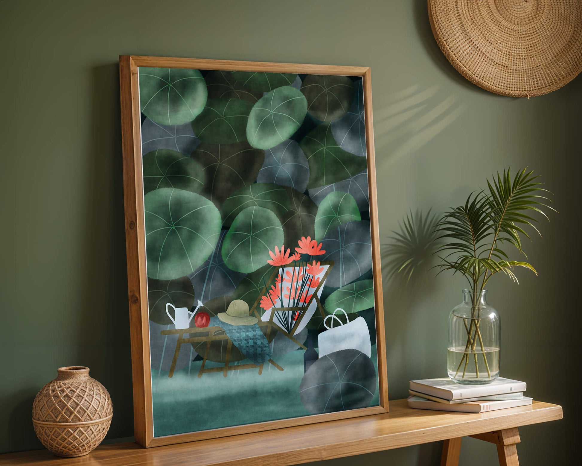 Garden Scene with Flowers, Table, and Chair in a Leafy Backdrop