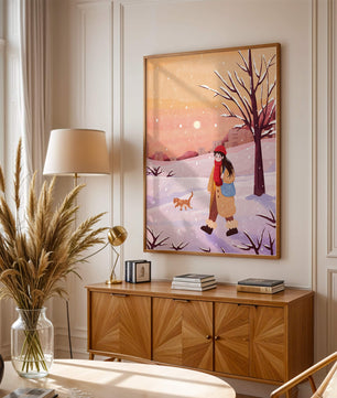 Winter sunset walk with a girl and dog in snowy landscape