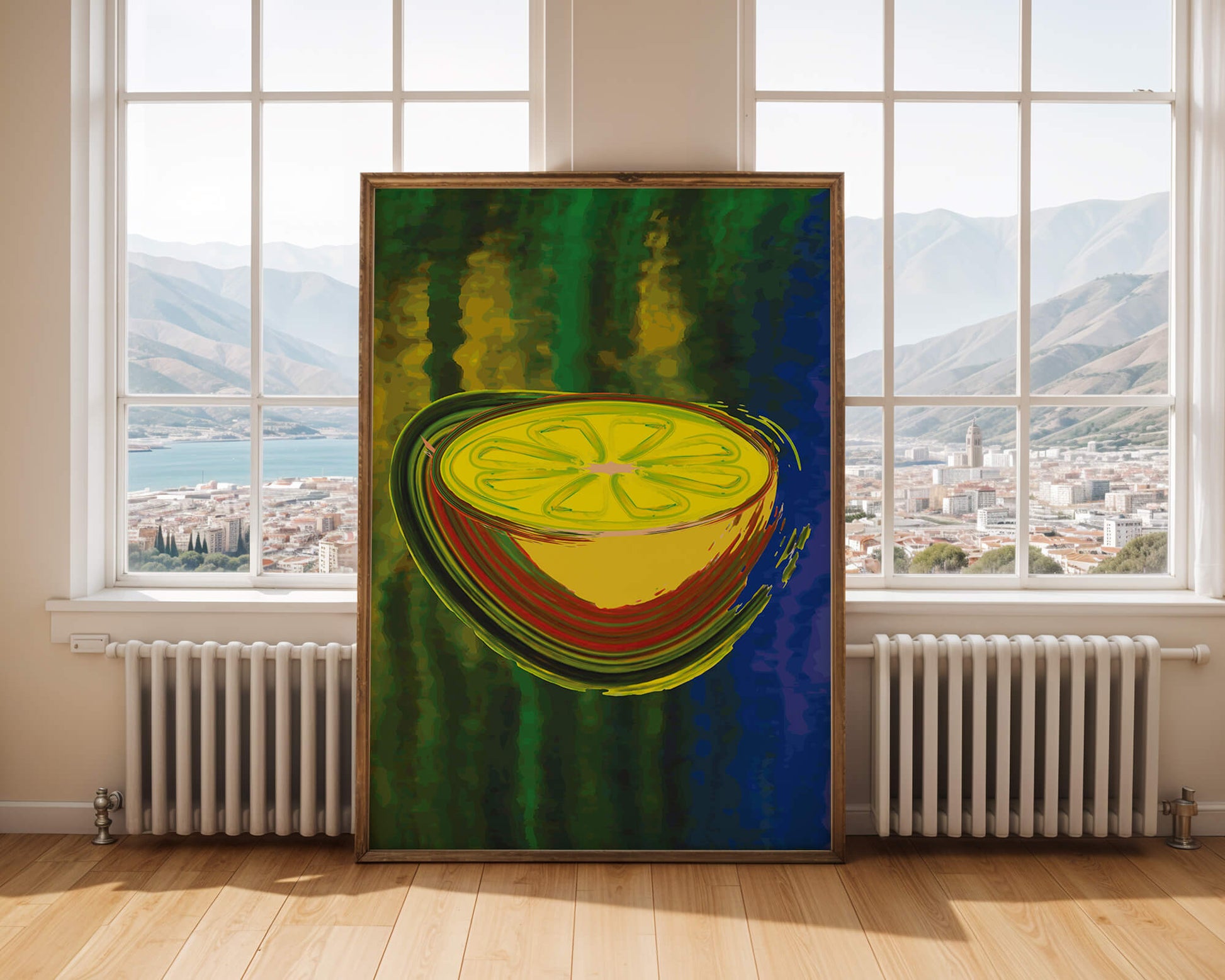 Vibrant abstract lemon slice with a colorful background