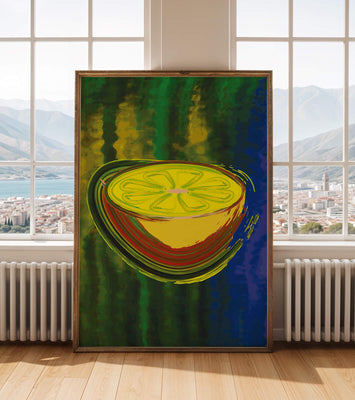 Vibrant abstract lemon slice with a colorful background