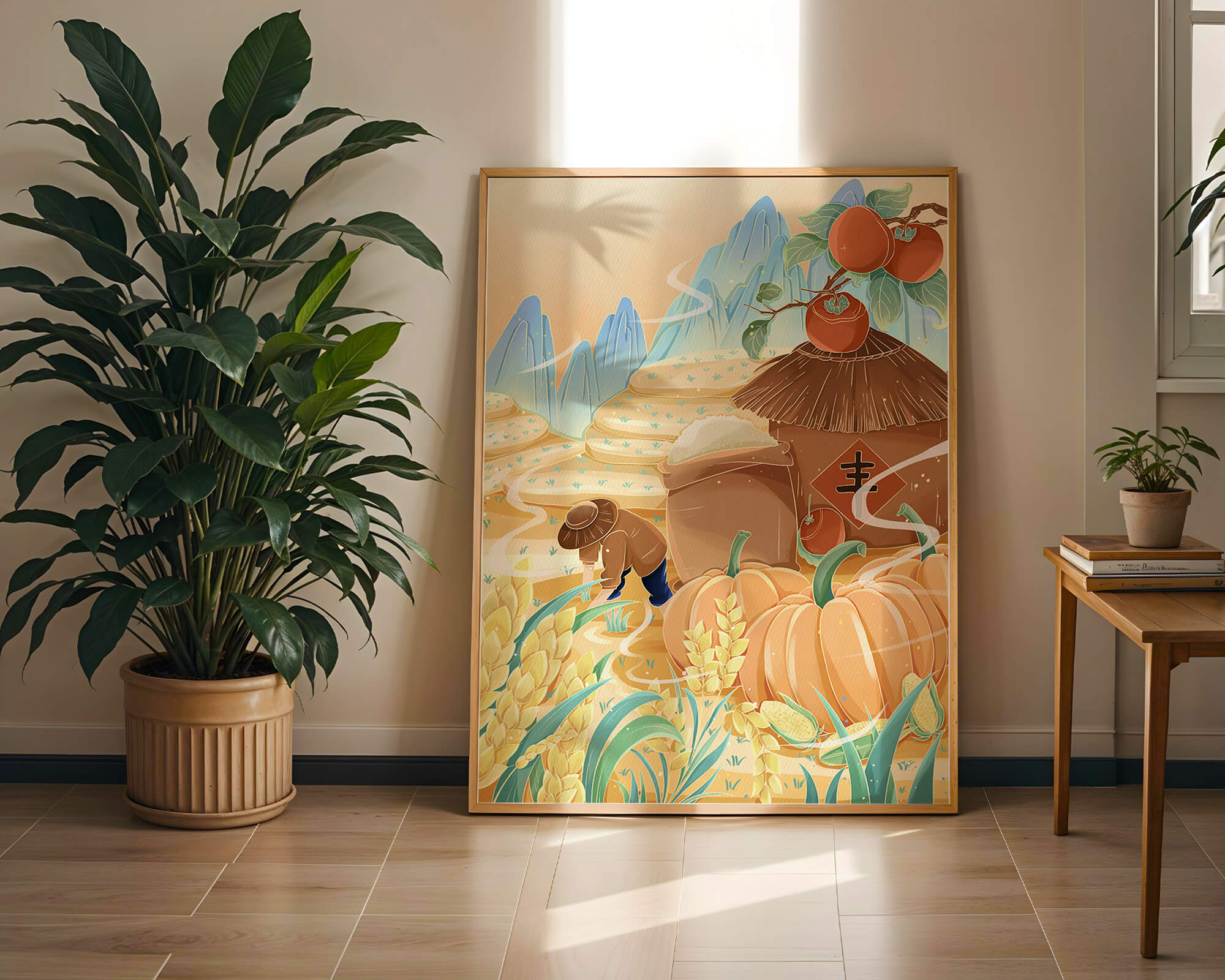 Pastoral landscape with pumpkins and farmer in rice fields