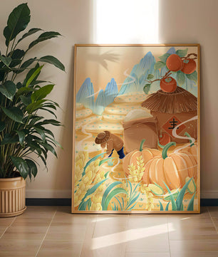 Pastoral landscape with pumpkins and farmer in rice fields