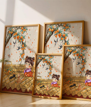 Charming illustration of a child with cats on a rooftop beneath a fruit tree