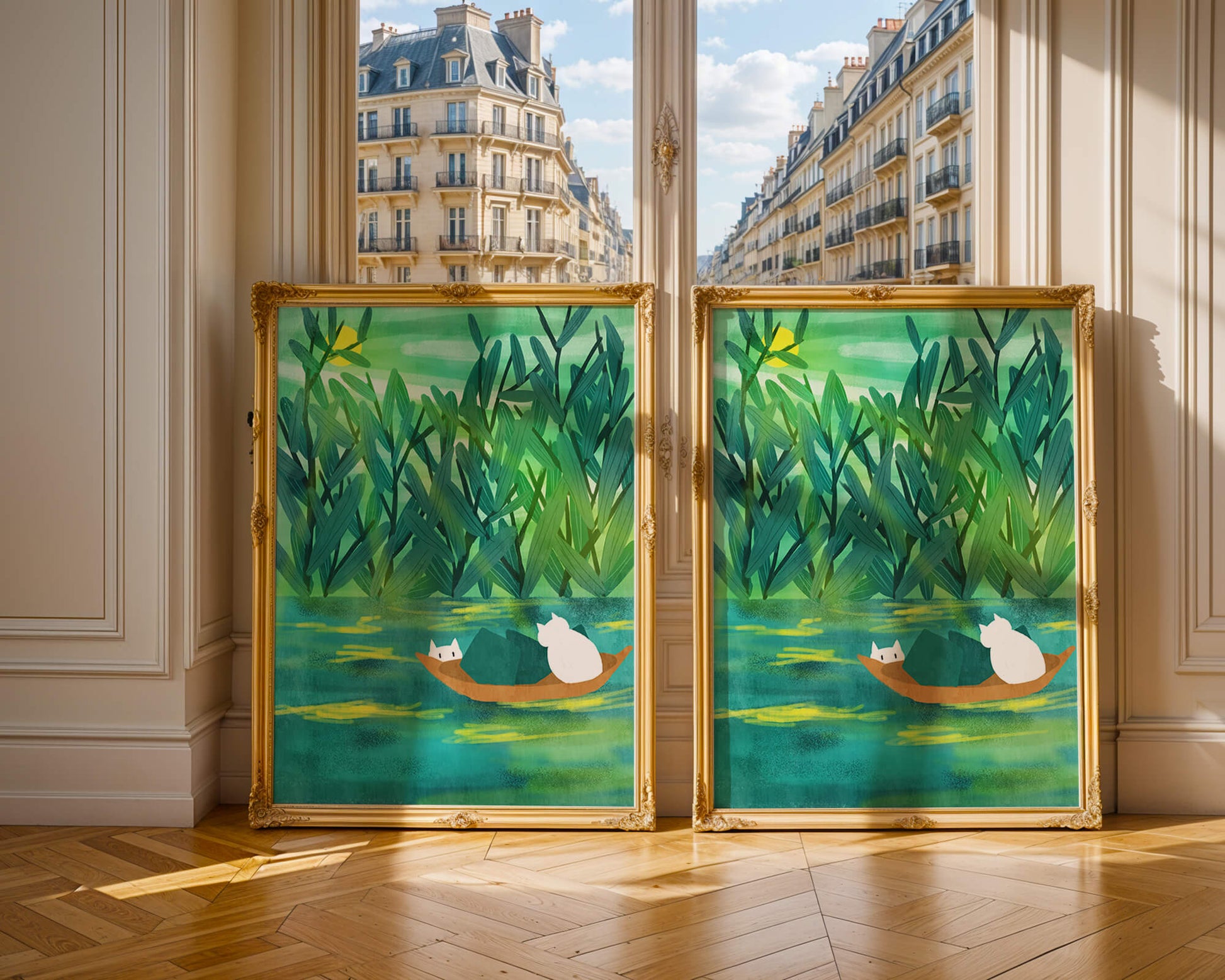 Serene landscape with cats on a boat in lush greenery
