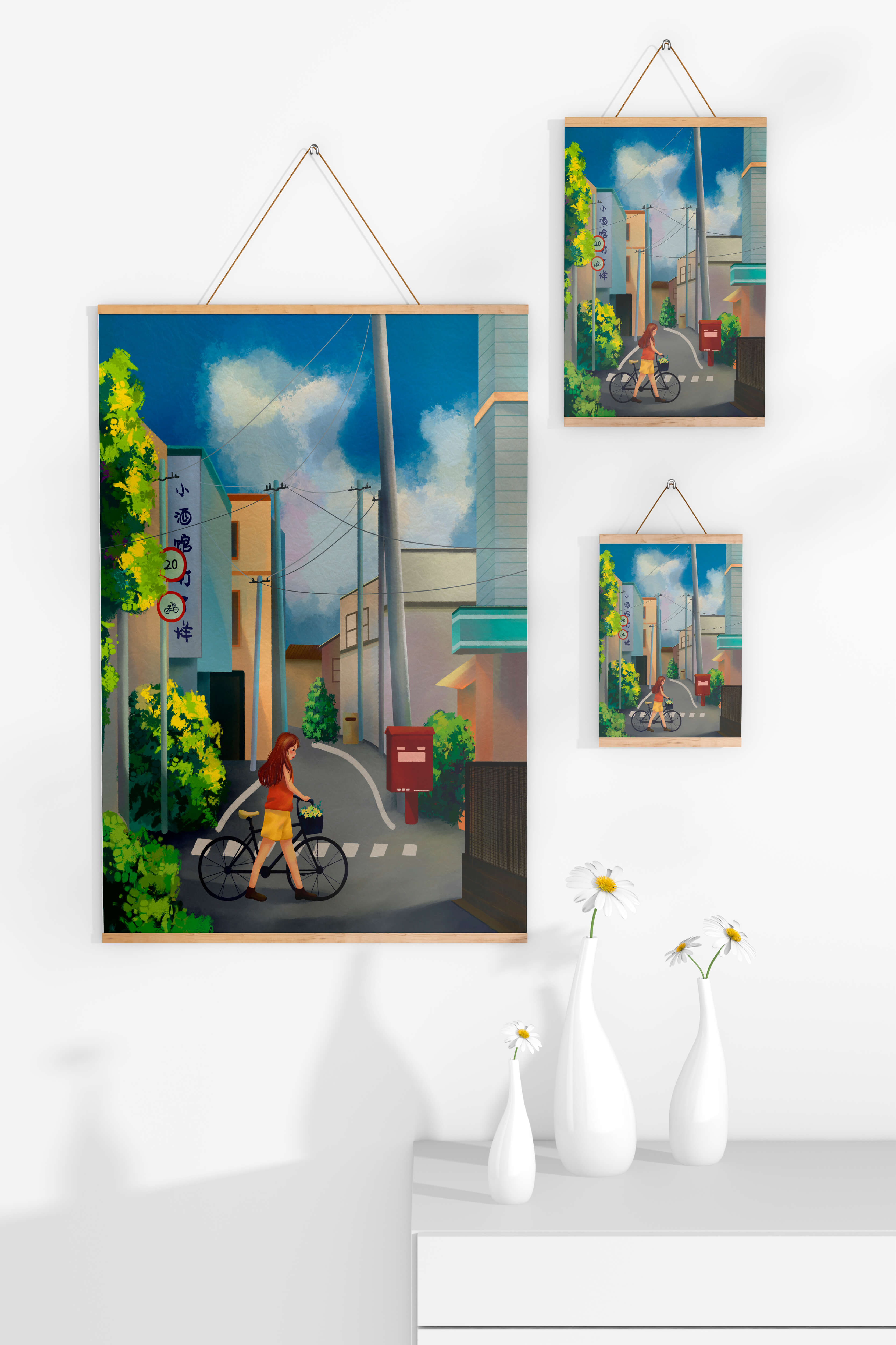 Young woman with bicycle in a quiet urban street
