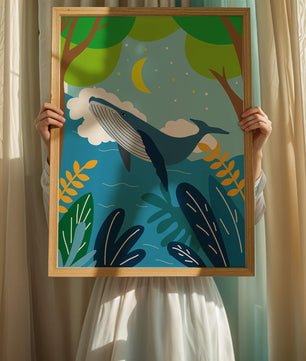 Illustration eines Wals in einer farbenfrohen Waldszene mit Mond und Pflanzen