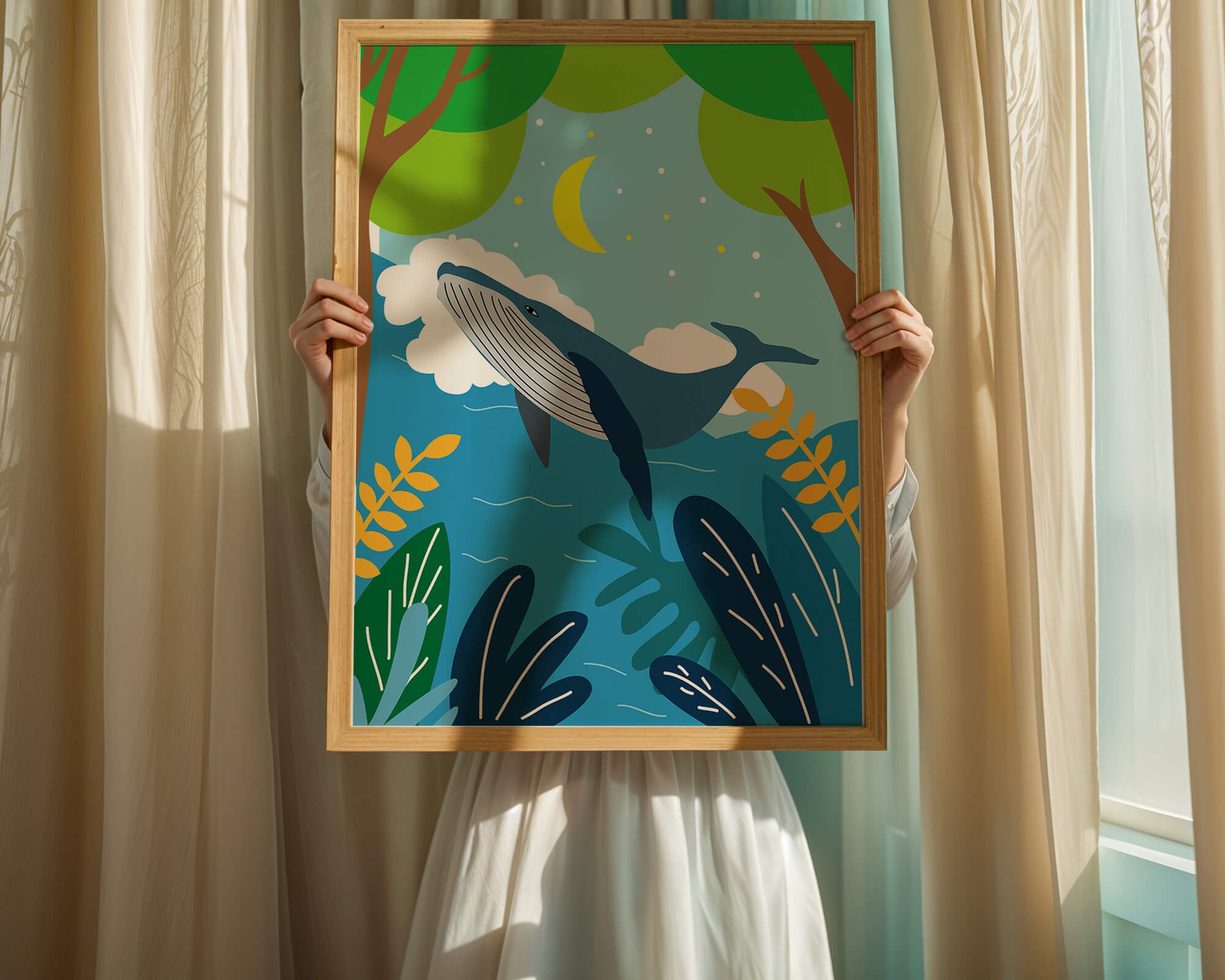 Illustration of a whale in a colorful forest scene with moon and plants