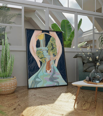 Serene hand-held koi pond illustration with cascading water and lily pads