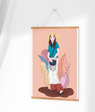 Ilustración de moda de una mujer con sombrero sobre fondo pastel
