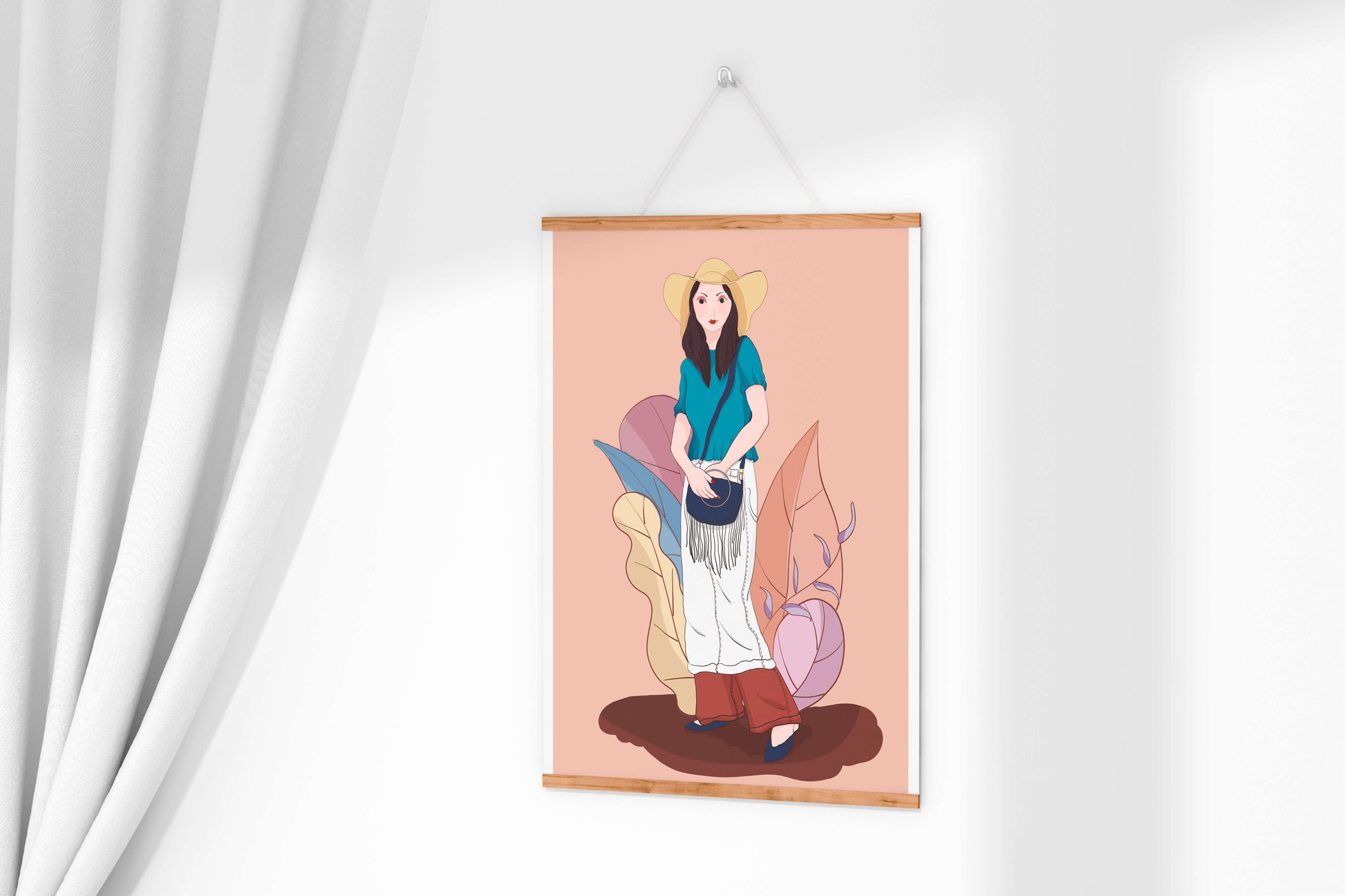 Ilustración de moda de una mujer con sombrero sobre fondo pastel