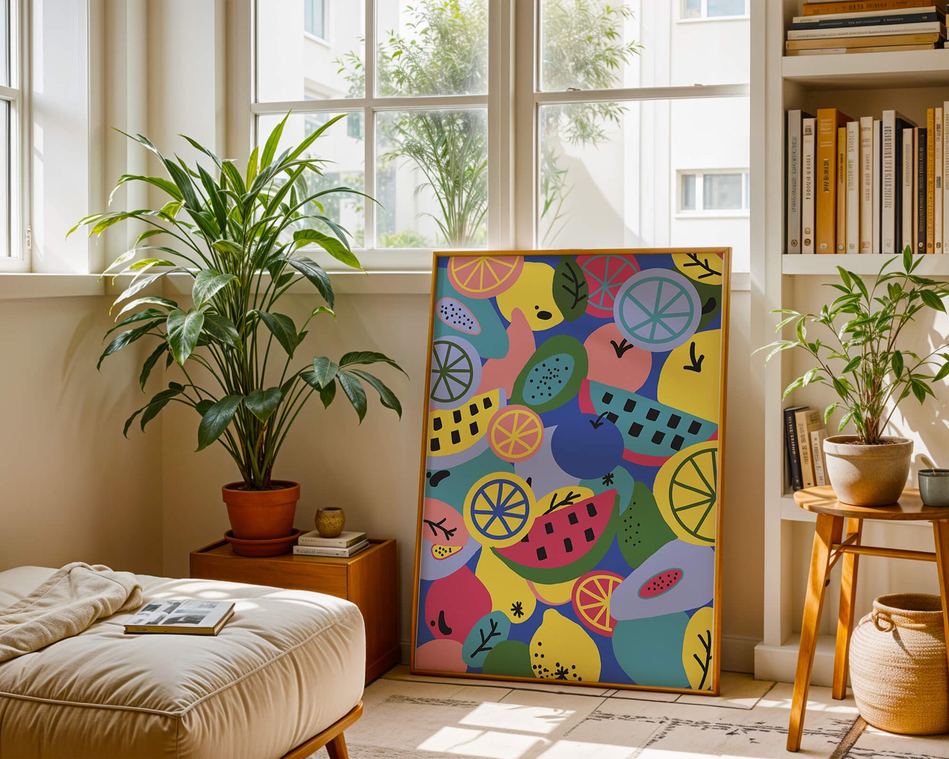 Patrón abstracto de frutas vibrantes con cítricos y melones sobre fondo azul