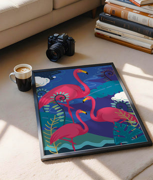 Colorful illustration of flamingos in a tropical setting