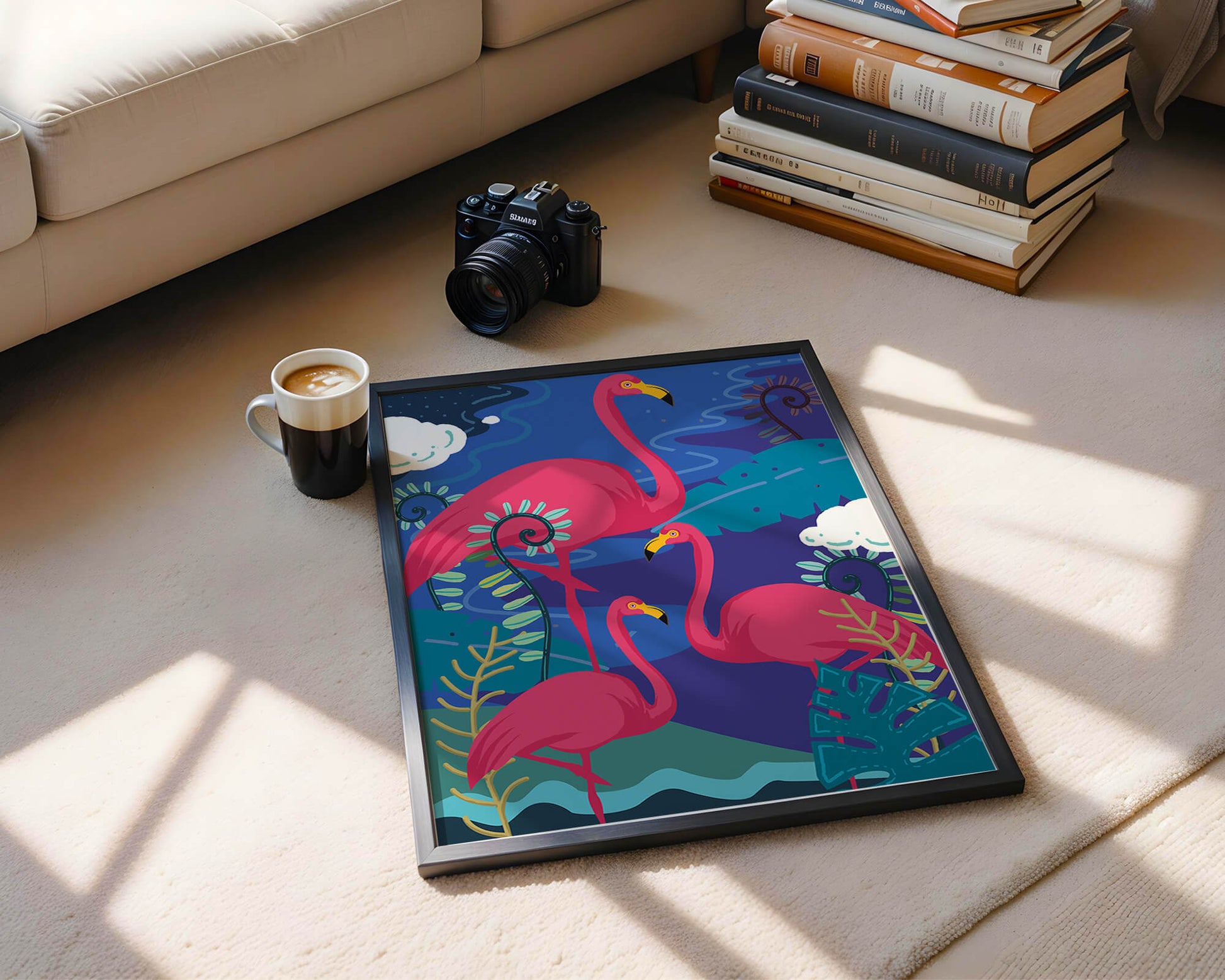 Colorful illustration of flamingos in a tropical setting