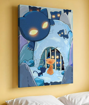Fantasy scene with glowing-eyed creatures and mysterious cave