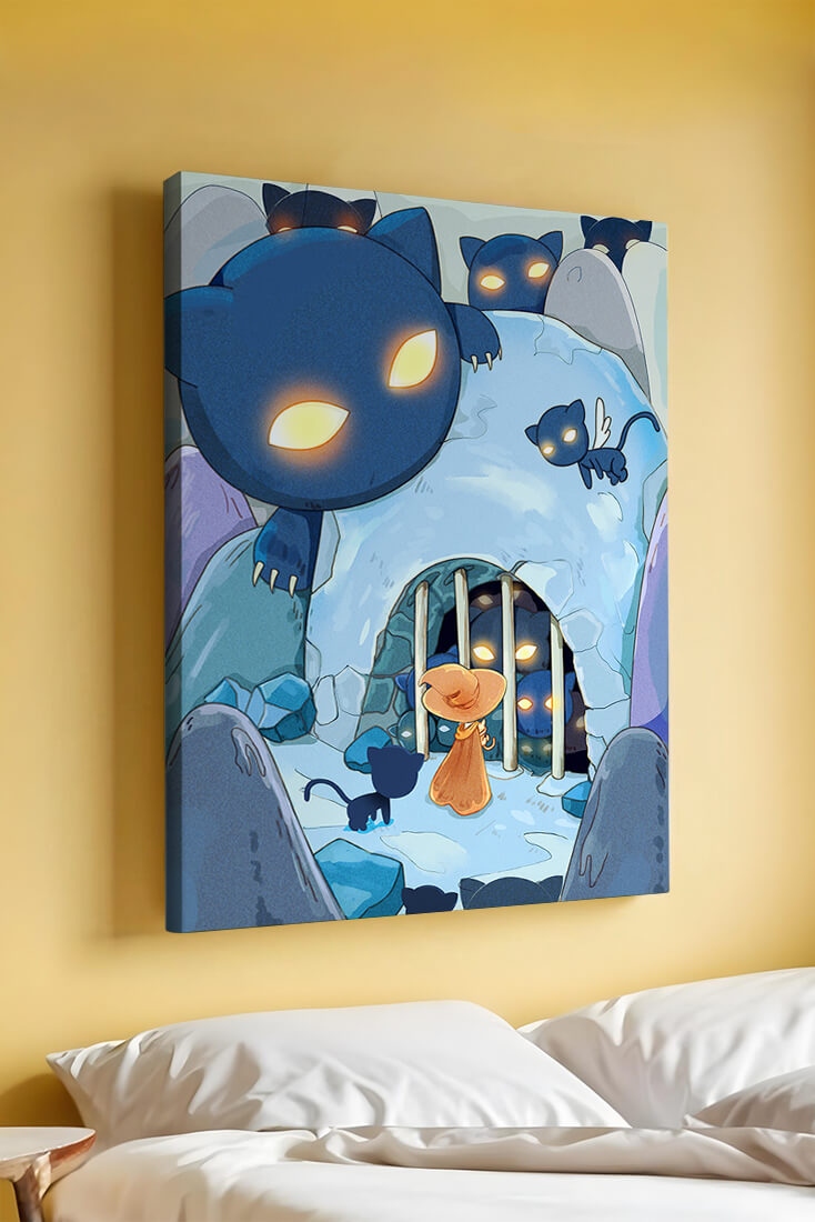 Fantasy scene with glowing-eyed creatures and mysterious cave