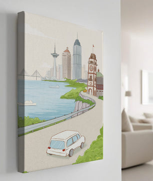 Scenic coastal cityscape with modern buildings and a classic clock tower