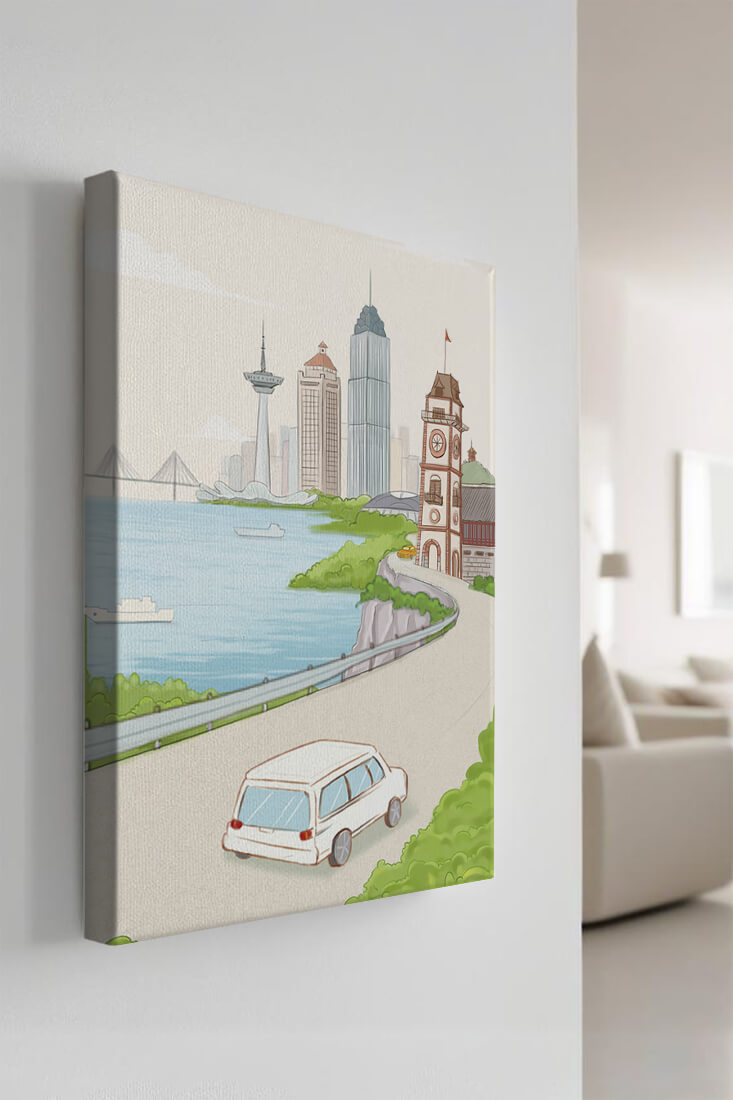 Scenic coastal cityscape with modern buildings and a classic clock tower