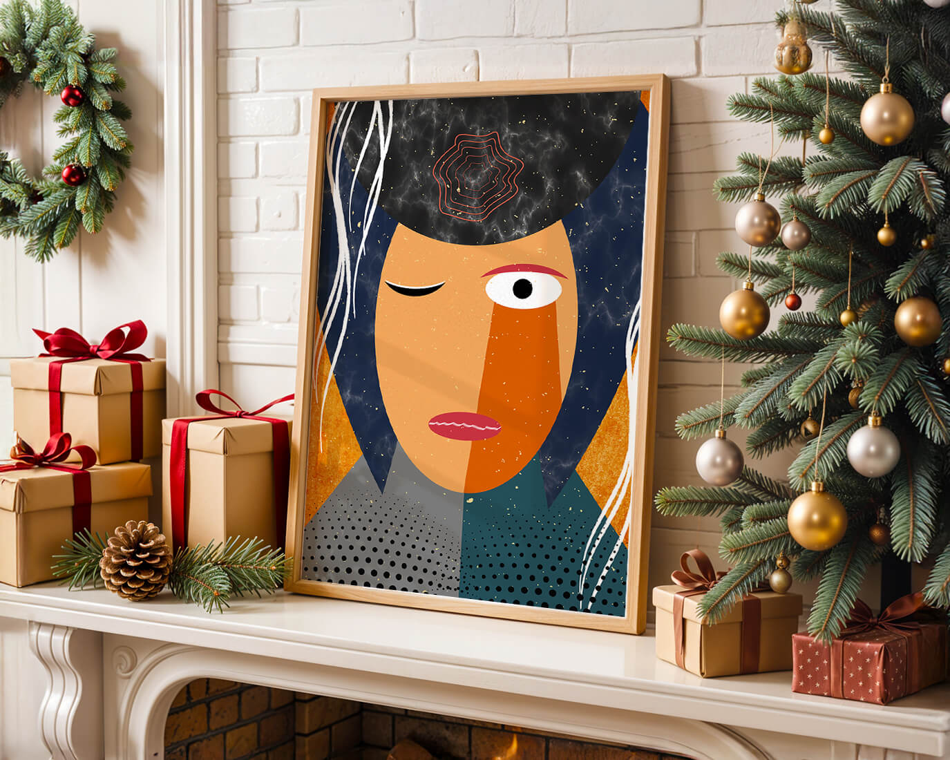 Abstract geometric portrait featuring vibrant colors and textures