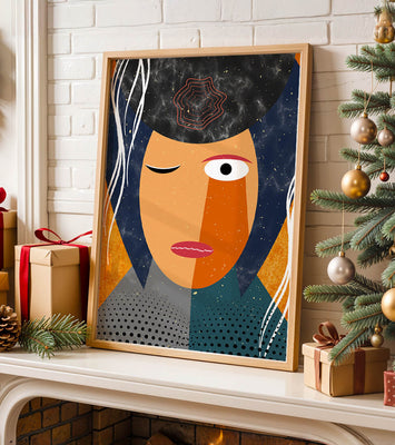Abstract geometric portrait featuring vibrant colors and textures
