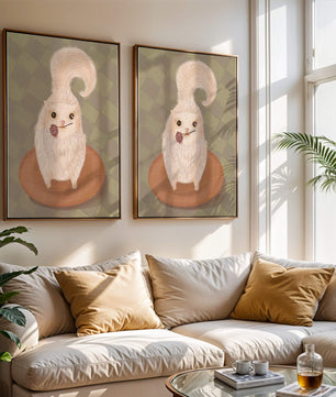 Illustration of fluffy cat with rose on a cushion