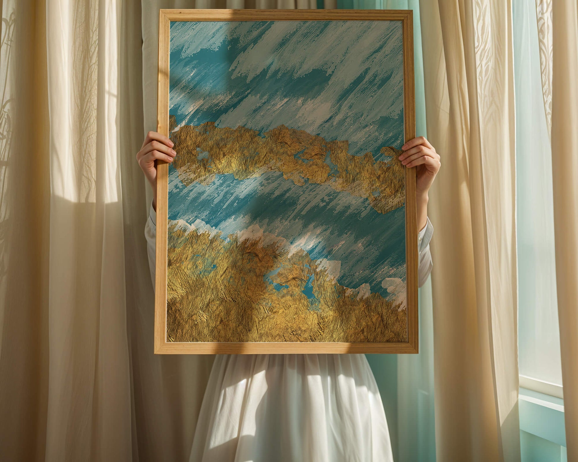 Abstract painting with gold texture and blue background
