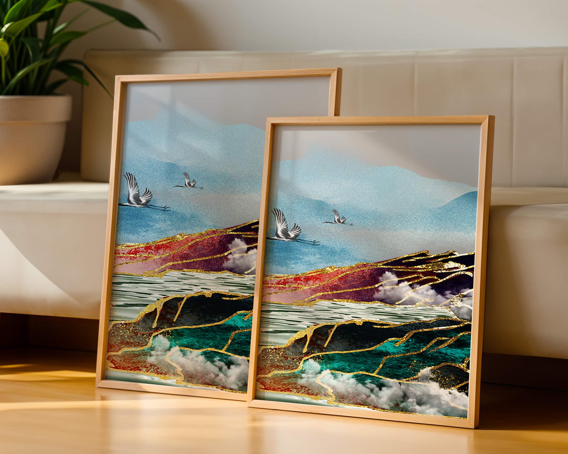 Majestic Landscape With Flying Cranes And Golden Accents