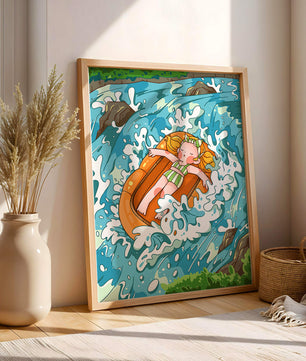 Adventurous raft ride down a vibrant cartoon river with character