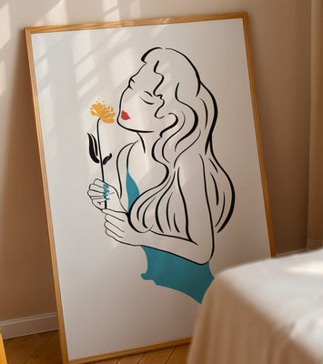 Stylized illustration of a woman with a flower and abstract elements