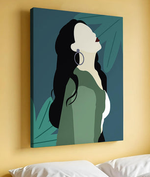 Stylized artwork of a woman with dark hair and earrings against a tropical leaf backdrop