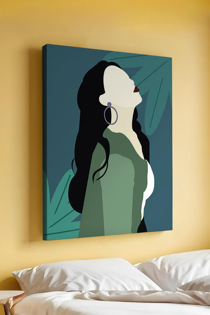 Stylized artwork of a woman with dark hair and earrings against a tropical leaf backdrop