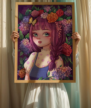 Illustration of a girl with floral crown surrounded by vibrant flowers