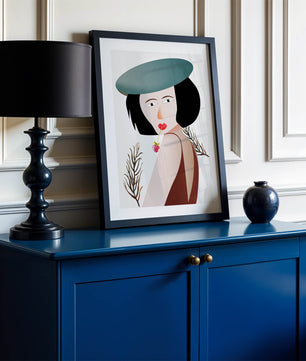Mujer con sombrero azul y flor en estilo arte moderno
