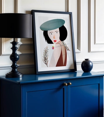 Woman with Blue Hat and Flower in Modern Art Style